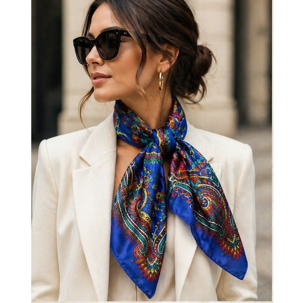 Vintage Italian Satin Scarf Women Square Bold Blue‎ Red Gold Paisley Chic Wrap